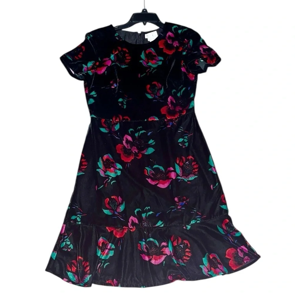 J. Crew Black Velvet Velour Short Sleeve Floral Flutter Dress Size 6 NWT